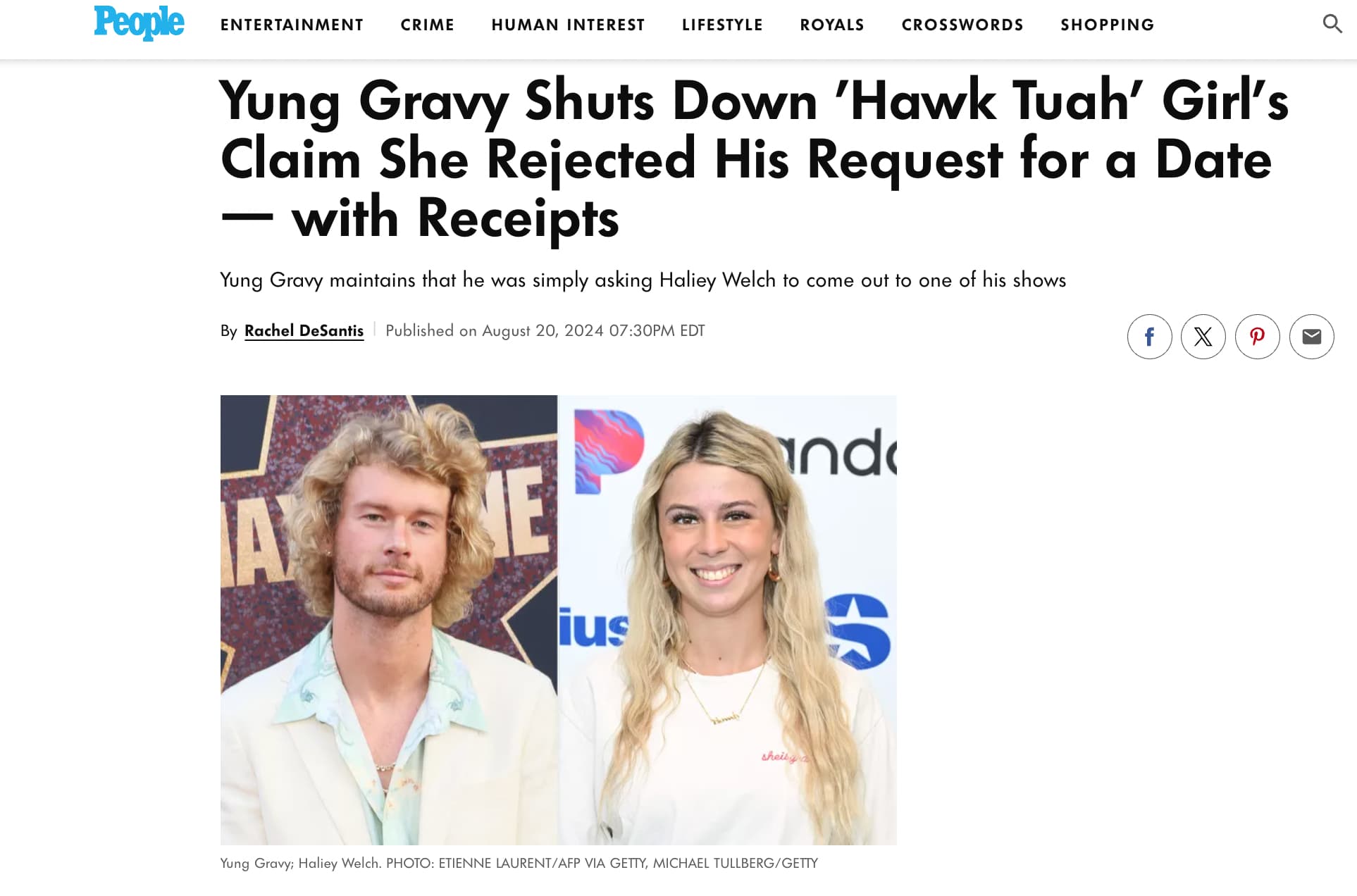 screenshot - People Entertainment Crime Human Interest Lifestyle Royals Crosswords Shopping Yung Gravy Shuts Down 'Hawk Tuah' Girl's Claim She Rejected His Request for a Date with Receipts Yung Gravy maintains that he was simply asking Haliey Welch to com